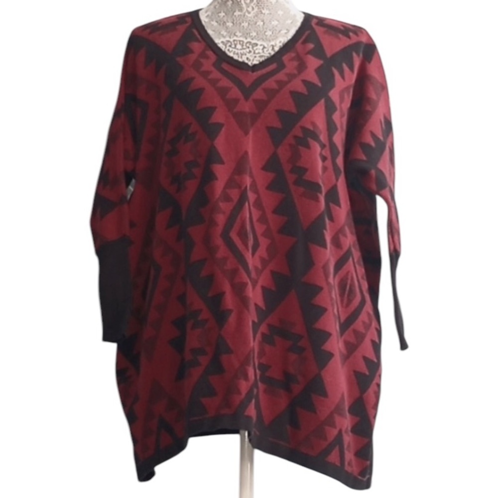 🥳 Tobi maroon aztec print oversized long-sleeved sweater